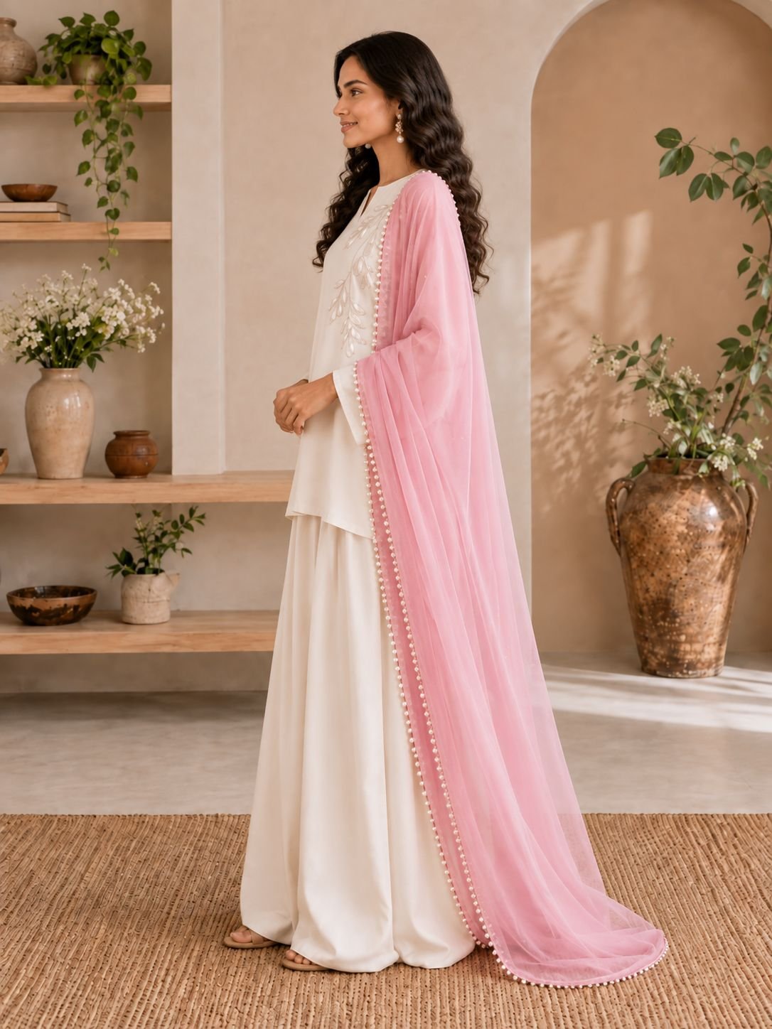 Pearl White Silk Shalwar Ensemble image 3