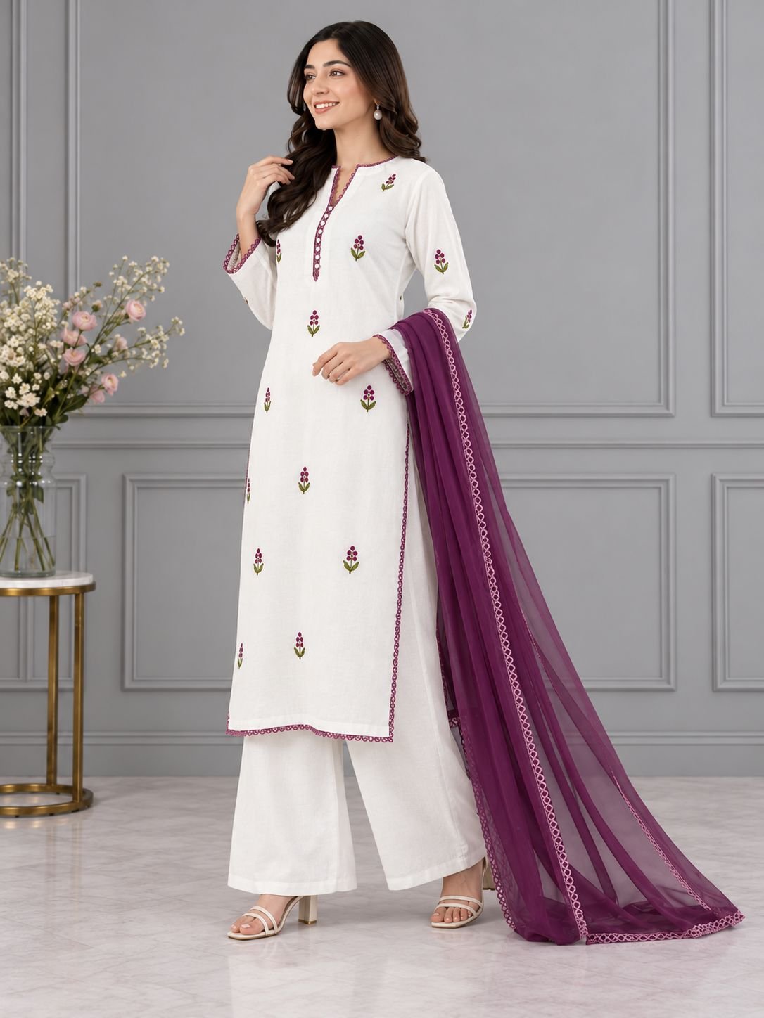White Cotton Floral Embroidered Plum Ensemble image 5