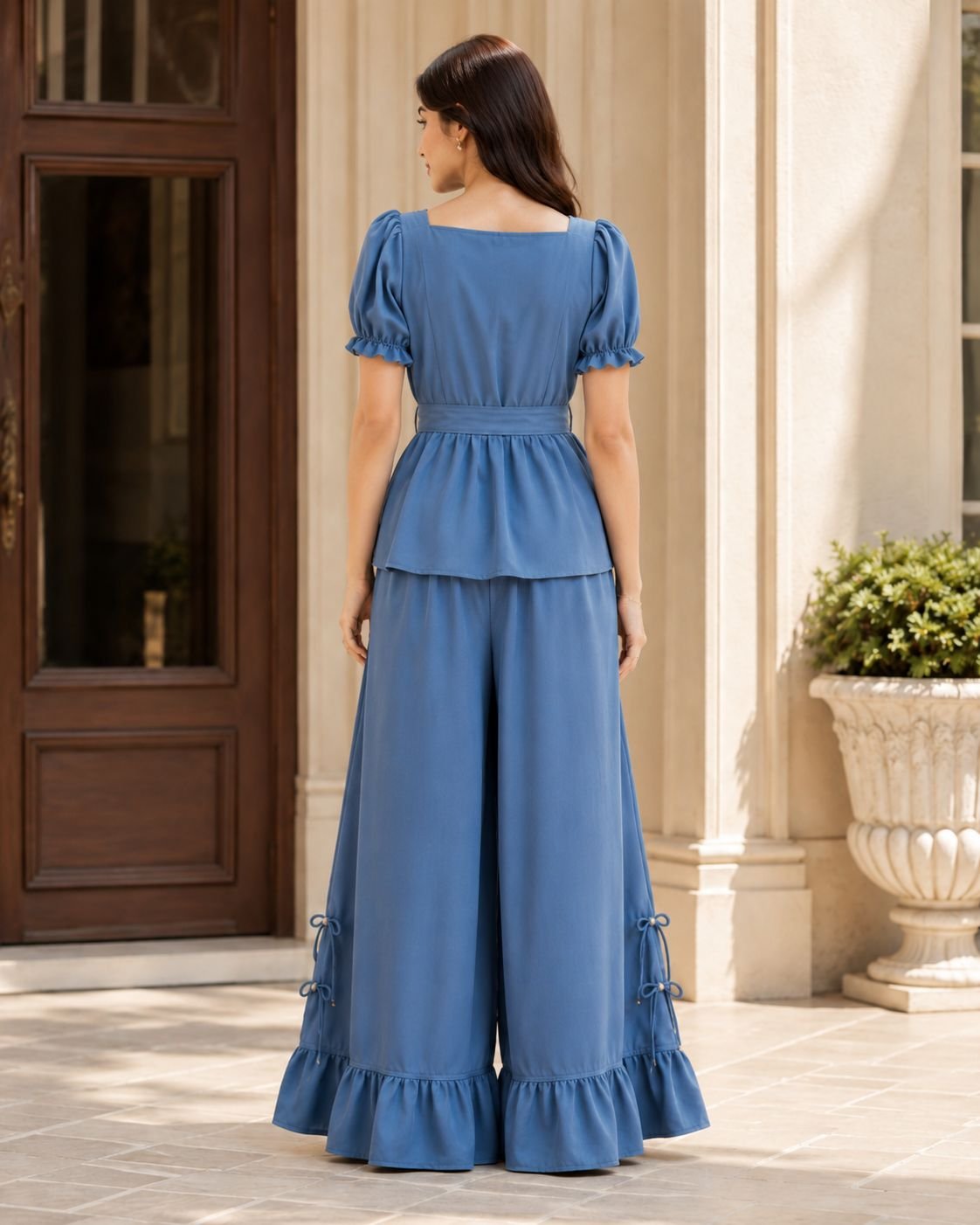 Dusty Blue Peplum & Palazzo Co-ord Set front view