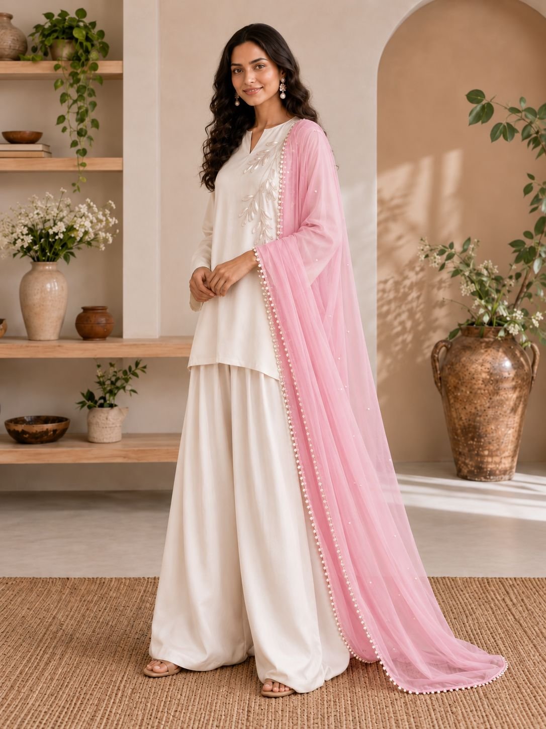 Pearl White Silk Shalwar Ensemble image 2