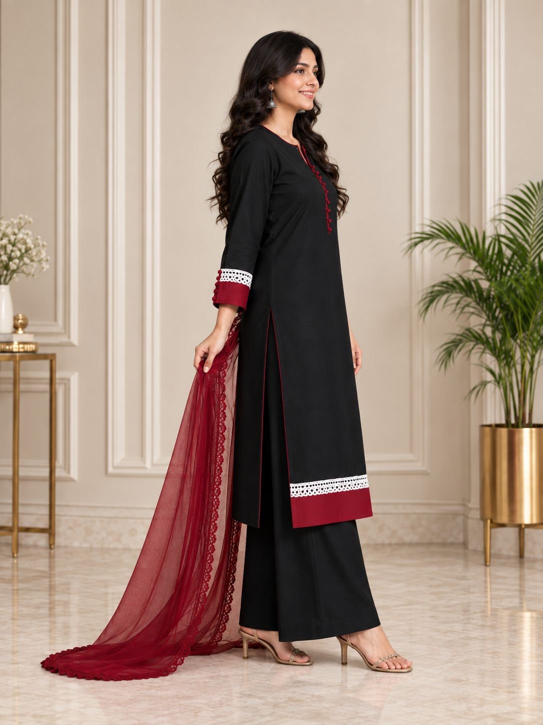 Black Cotton Maroon Contrast Ensemble image 5