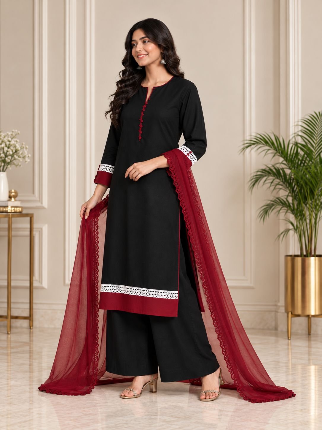 Black Cotton Maroon Contrast Ensemble image 2