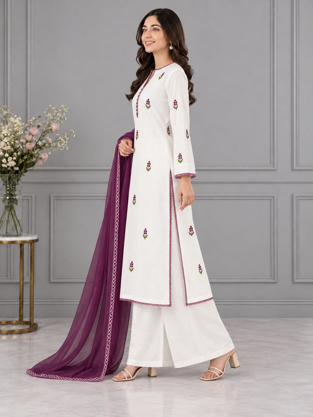 White Cotton Floral Embroidered Plum Ensemble image 3