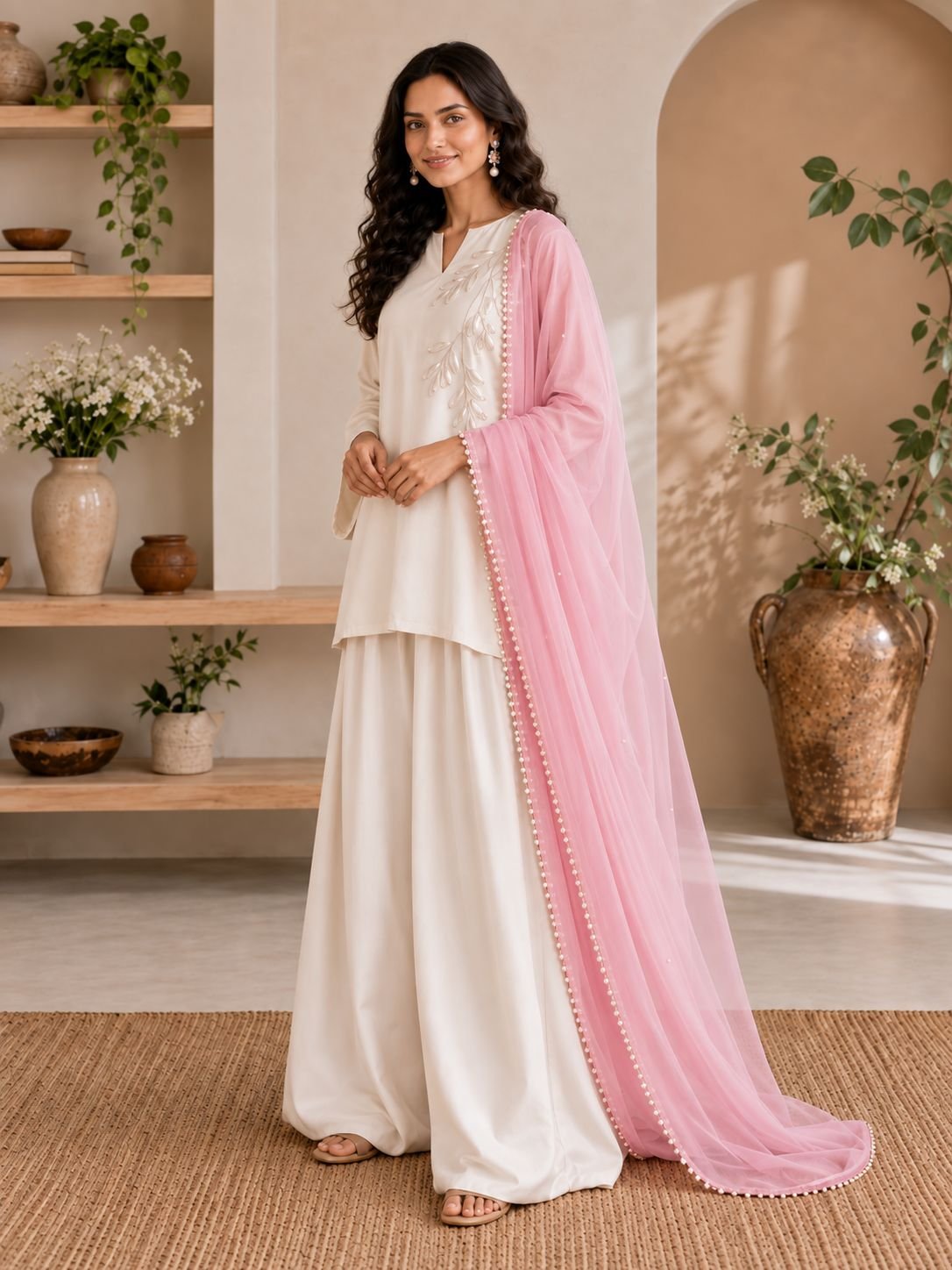 Pearl White Silk Shalwar Ensemble image 4