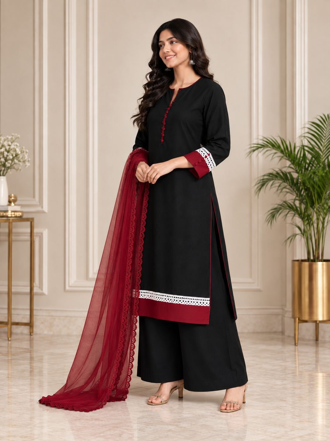 Black Cotton Maroon Contrast Ensemble image 4