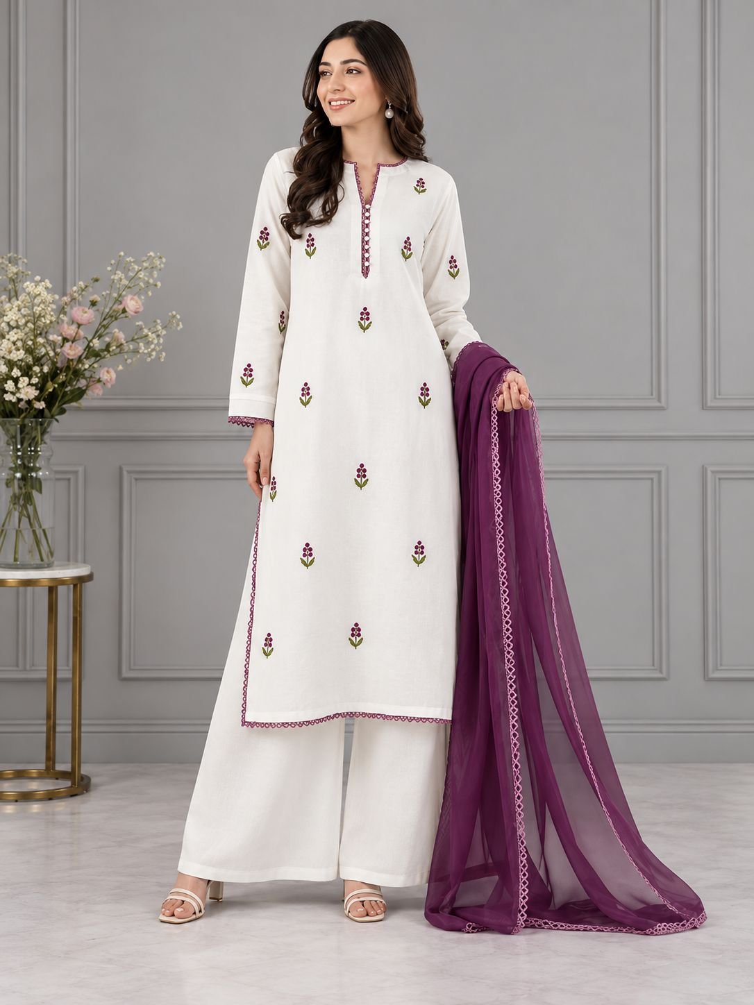 White Cotton Floral Embroidered Plum Ensemble image 6