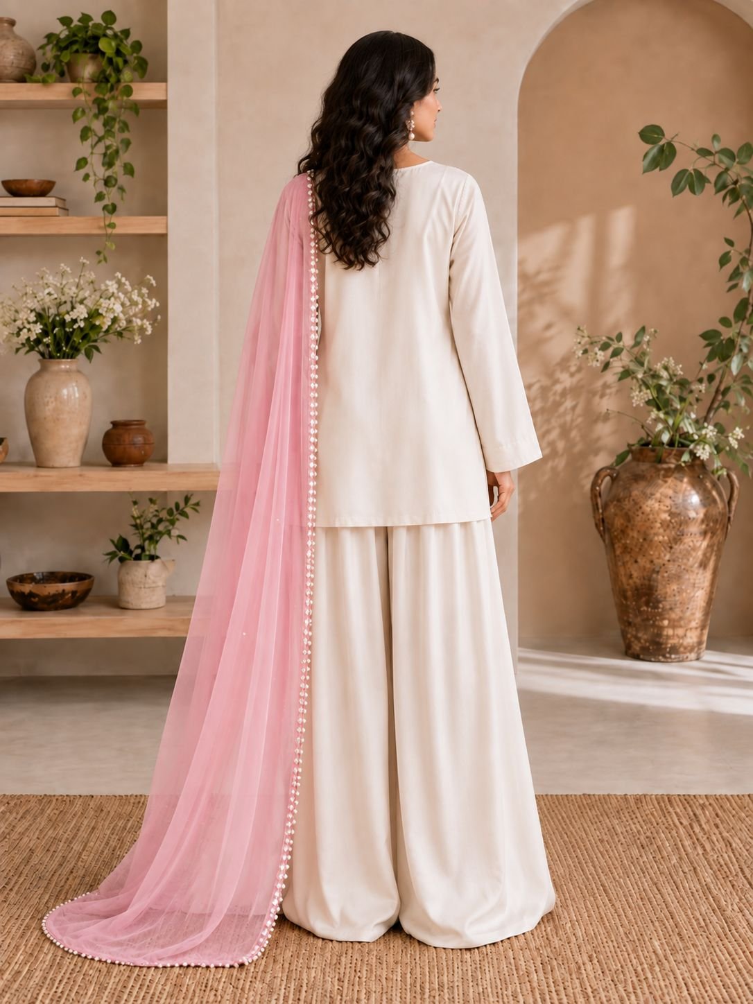 Pearl White Silk Shalwar Ensemble front view