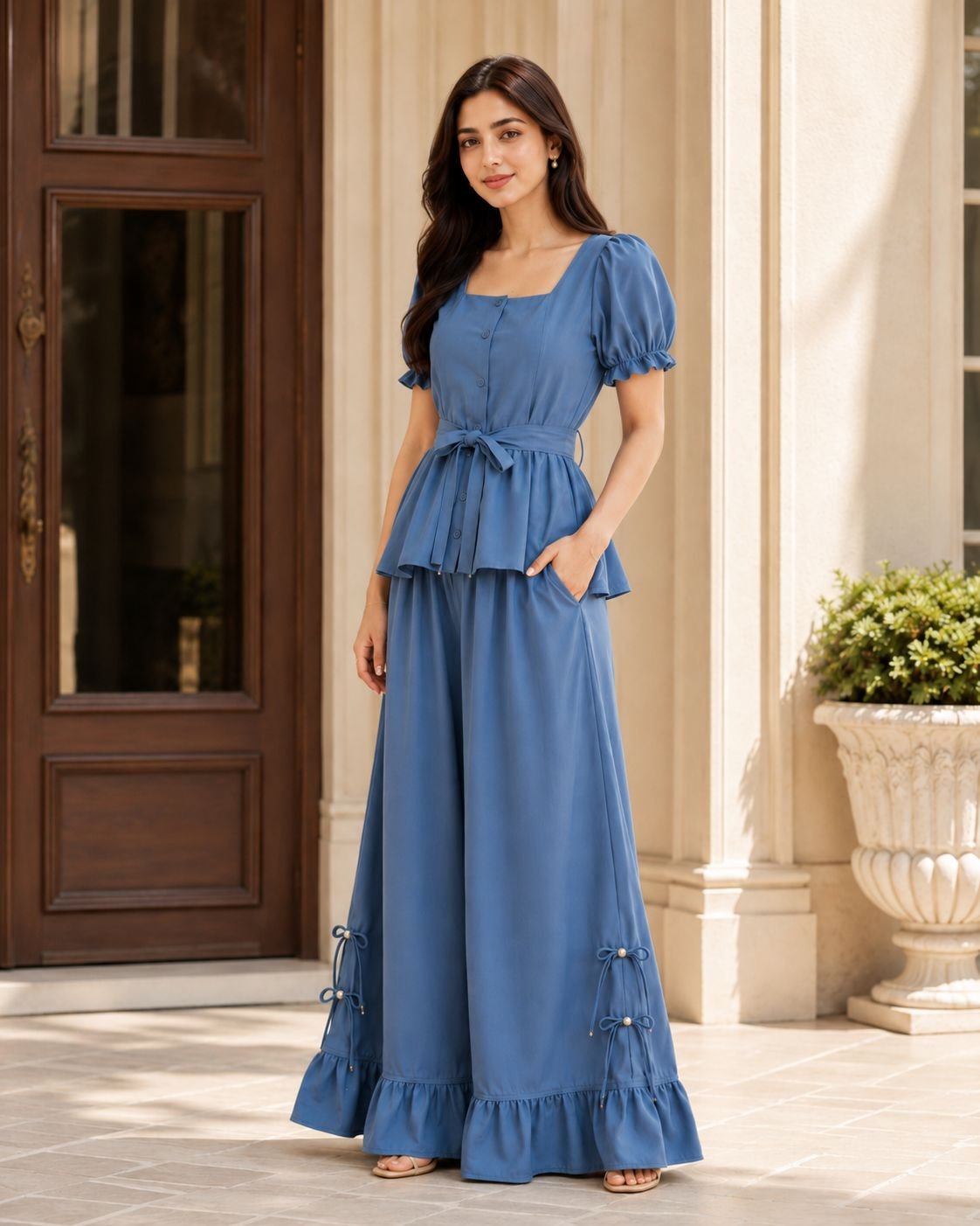 Dusty Blue Peplum & Palazzo Co-ord Set image 2