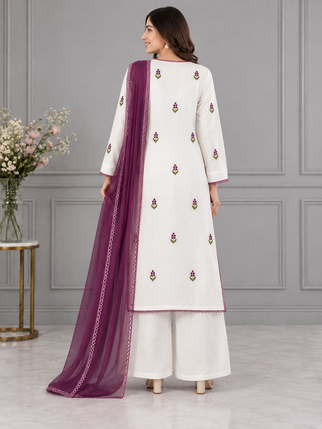 White Cotton Floral Embroidered Plum Ensemble image 4