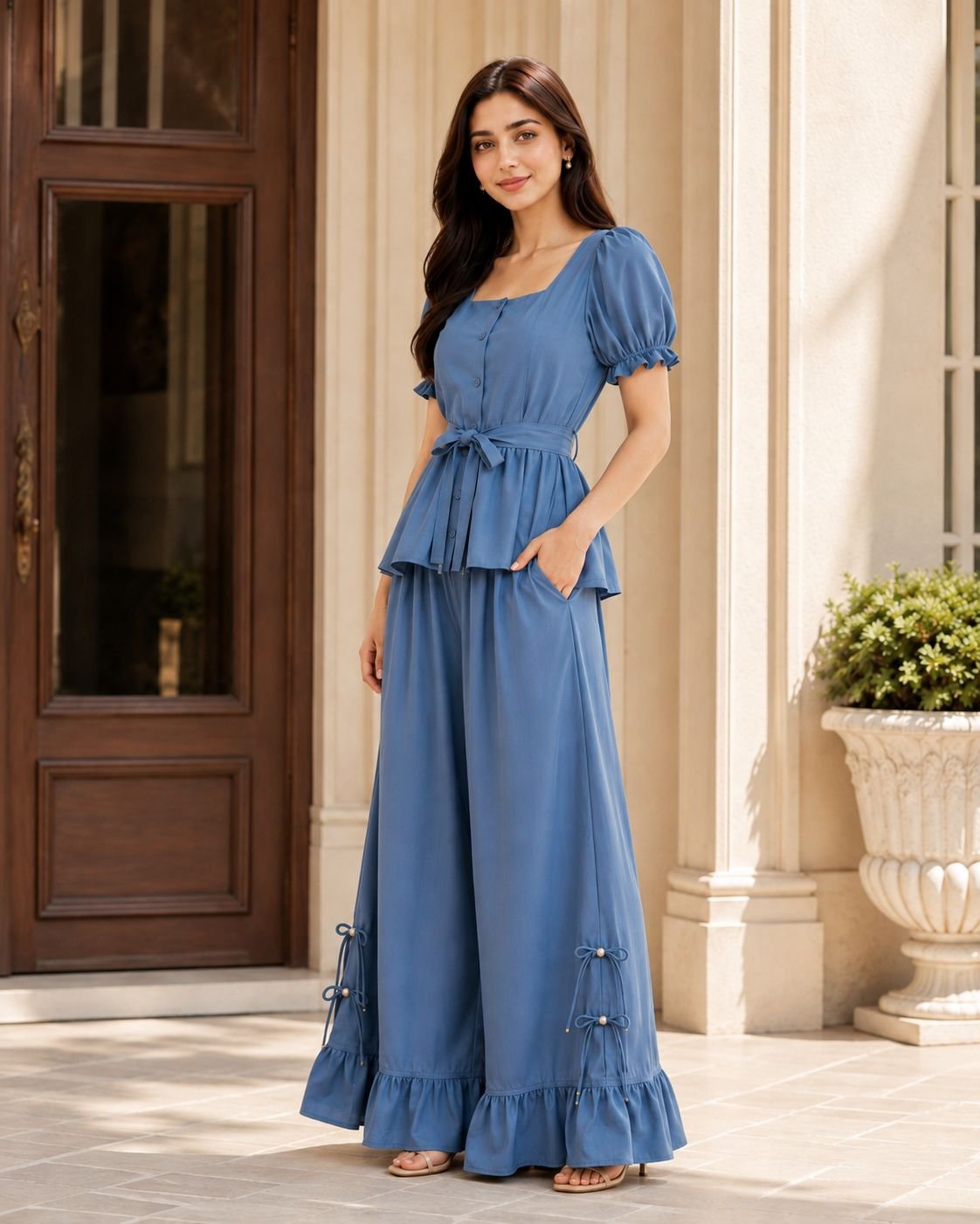 Dusty Blue Peplum & Palazzo Co-ord Set image 3
