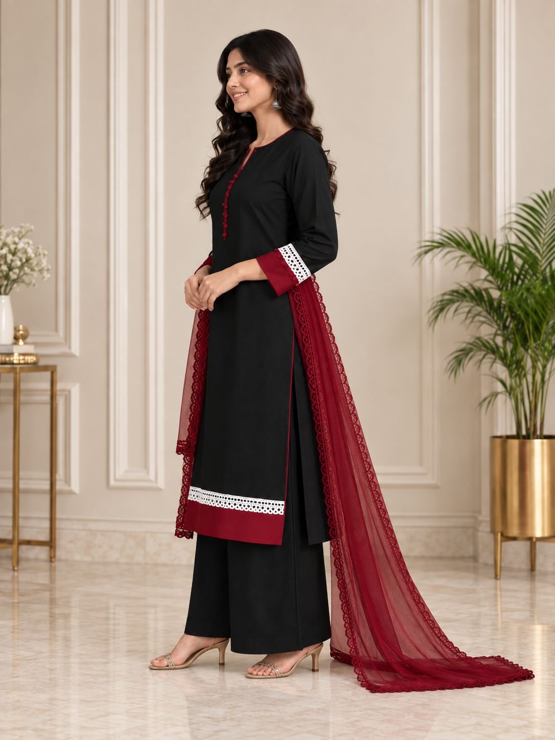 Black Cotton Maroon Contrast Ensemble image 3