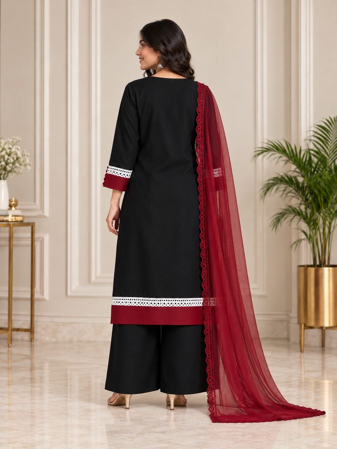 Black Cotton Maroon Contrast Ensemble front view