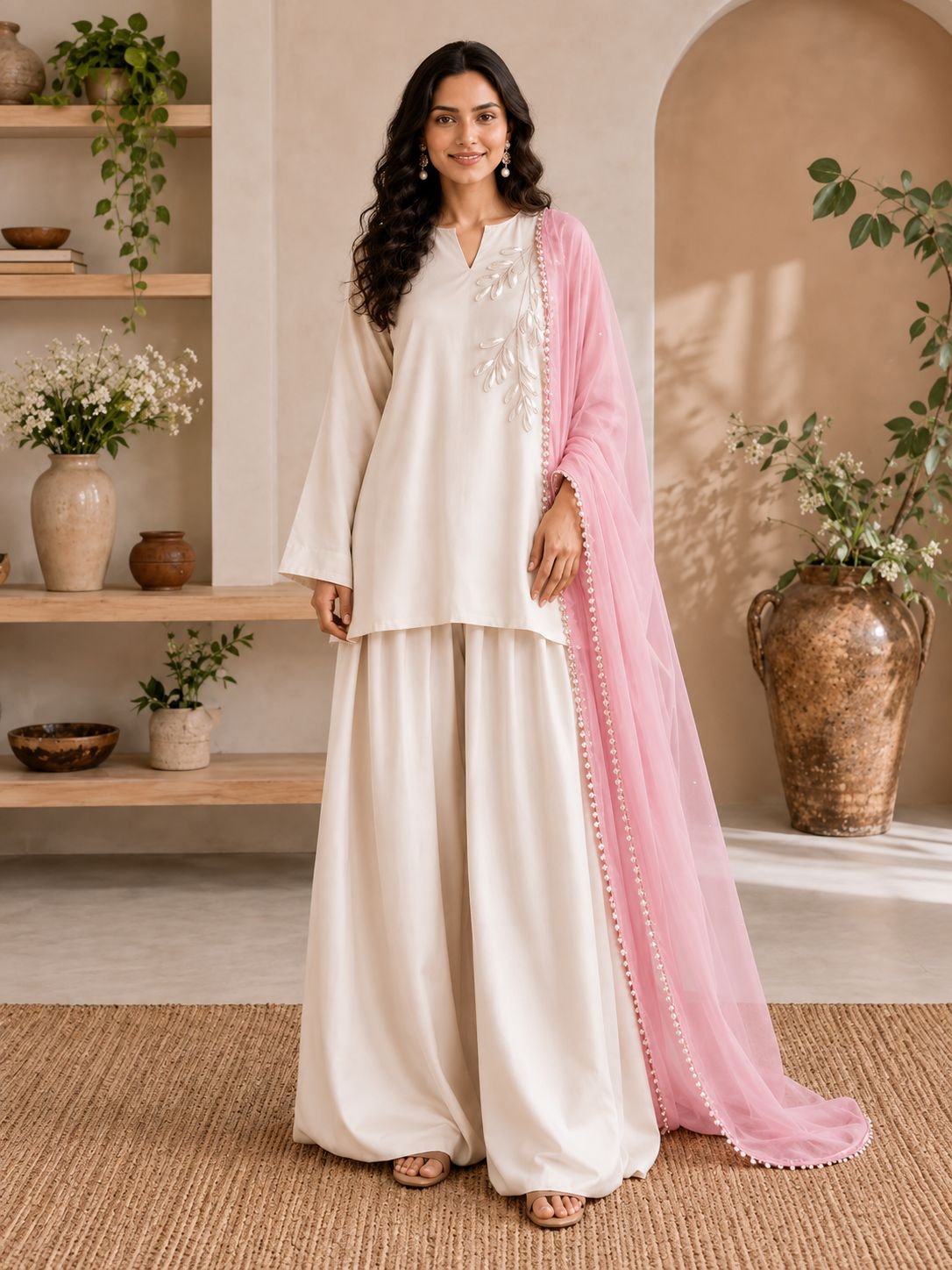 Pearl White Silk Shalwar Ensemble