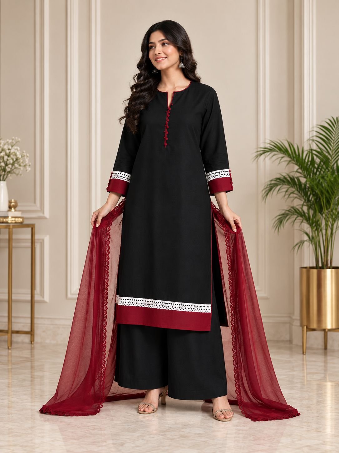 Black Cotton Maroon Contrast Ensemble
