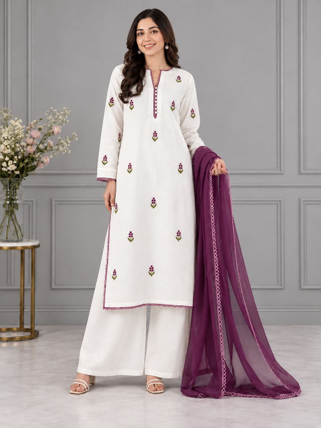 White Cotton Floral Embroidered Plum Ensemble