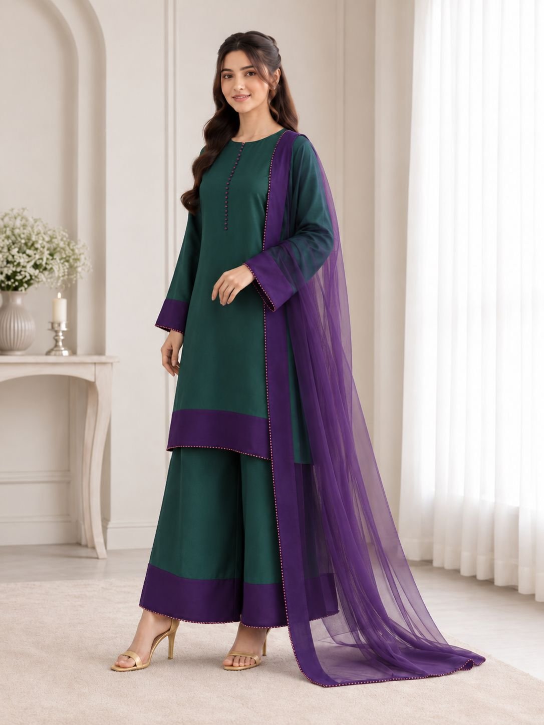 Premium Silk Contrast Border 3-Piece Ensemble