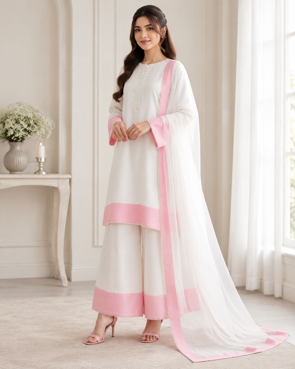Premium Silk Contrast Border 3-Piece Ensemble