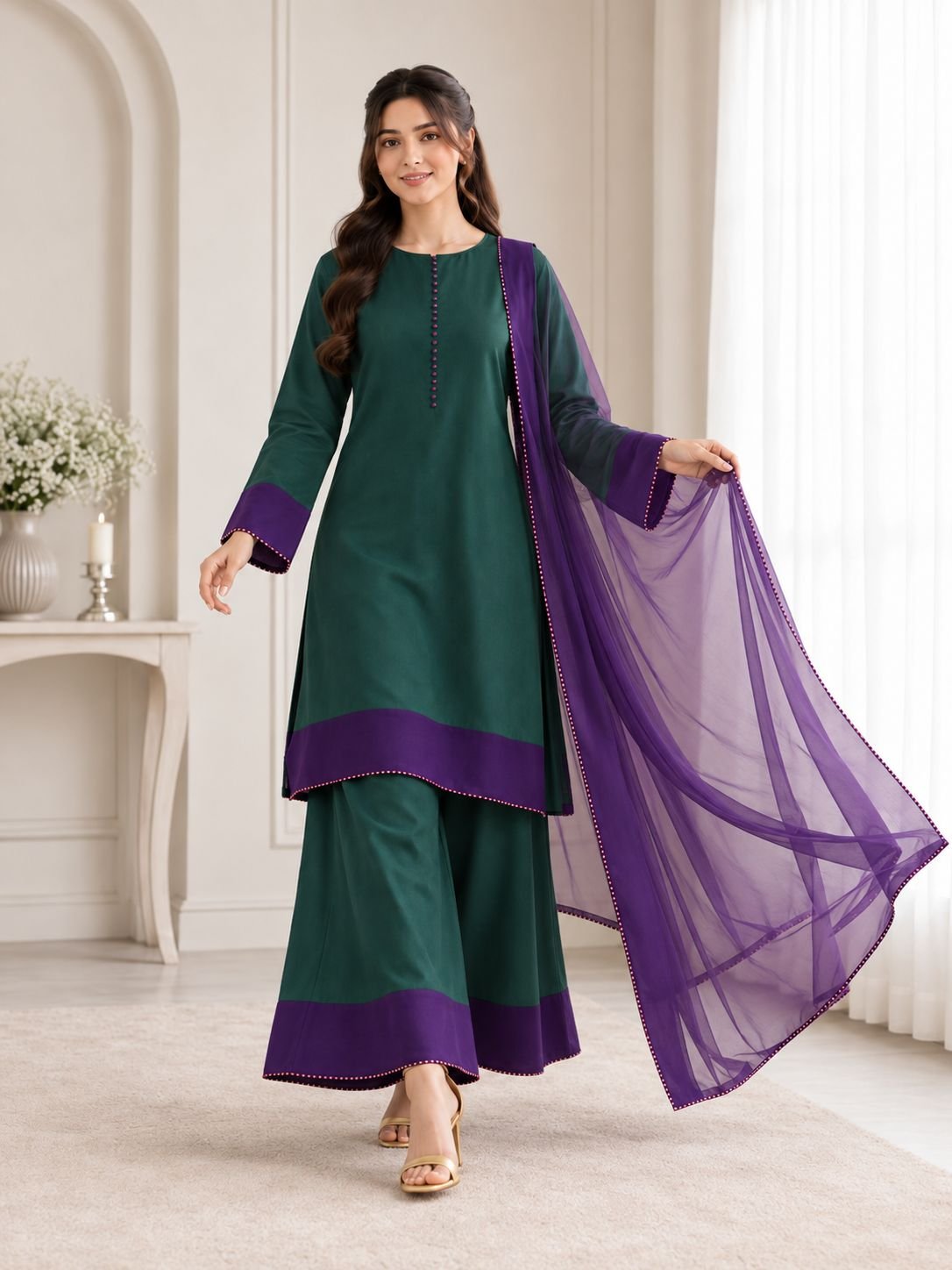 Premium Silk Contrast Border 3-Piece Ensemble