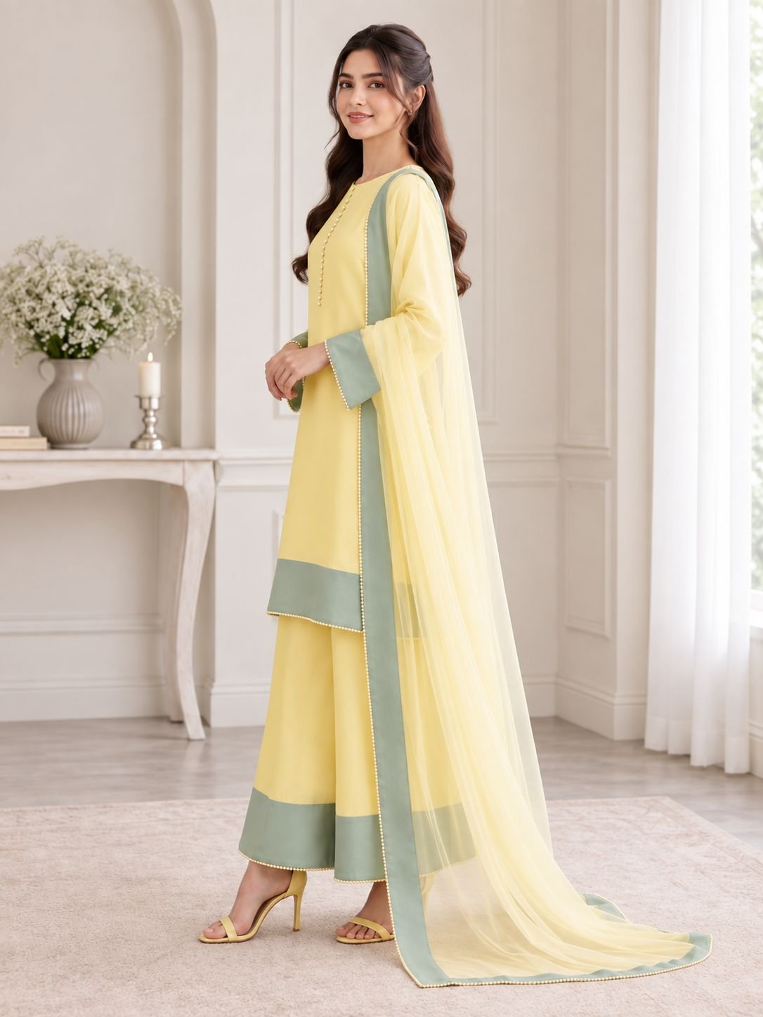 Premium Silk Contrast Border 3-Piece Ensemble