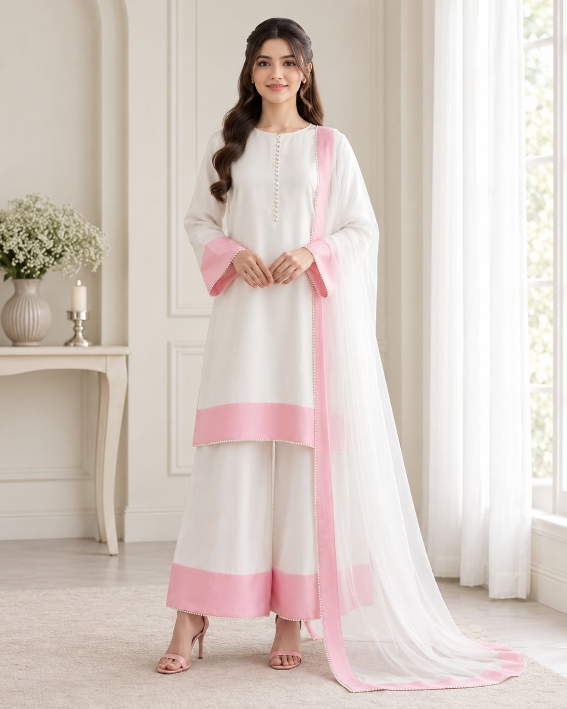 Premium Silk Contrast Border 3-Piece Ensemble