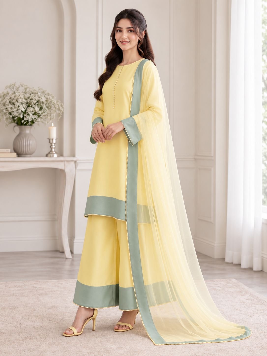 Premium Silk Contrast Border 3-Piece Ensemble