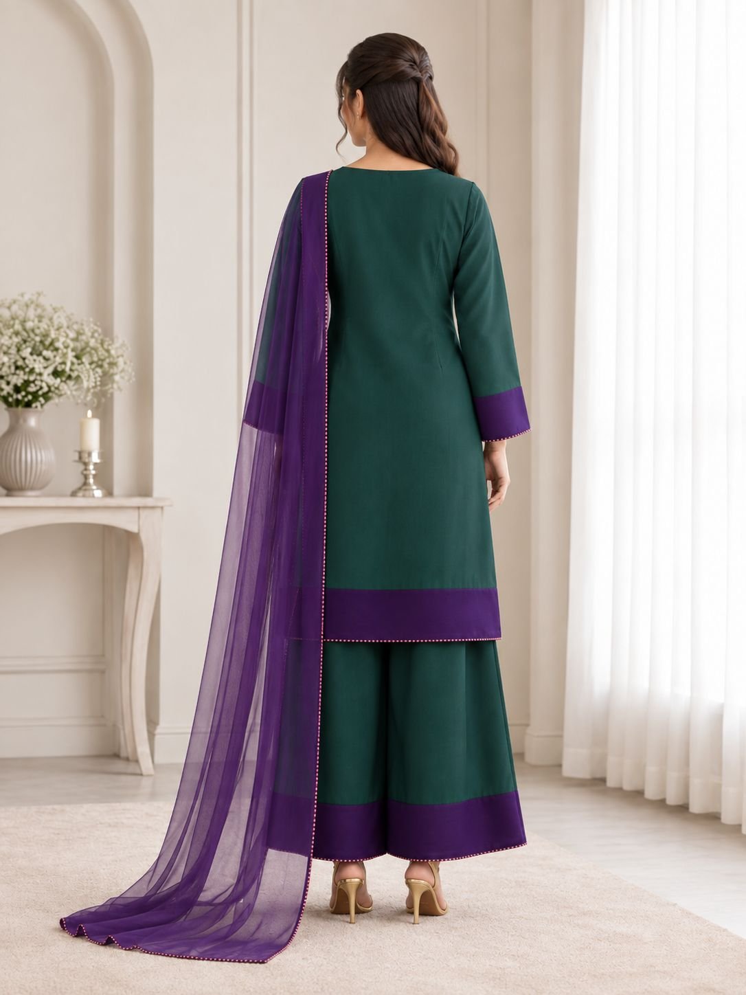Premium Silk Contrast Border 3-Piece Ensemble