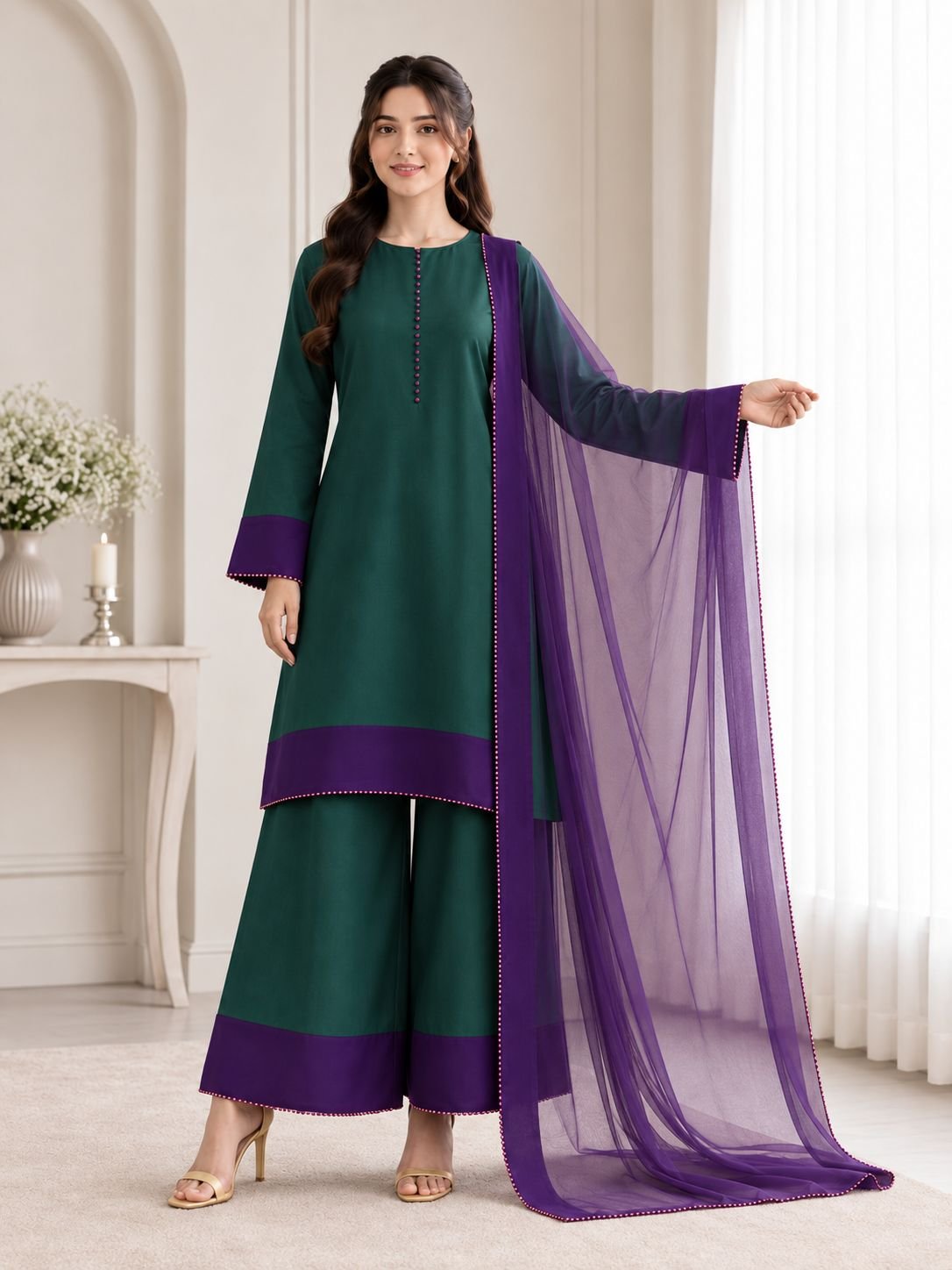 Premium Silk Contrast Border 3-Piece Ensemble