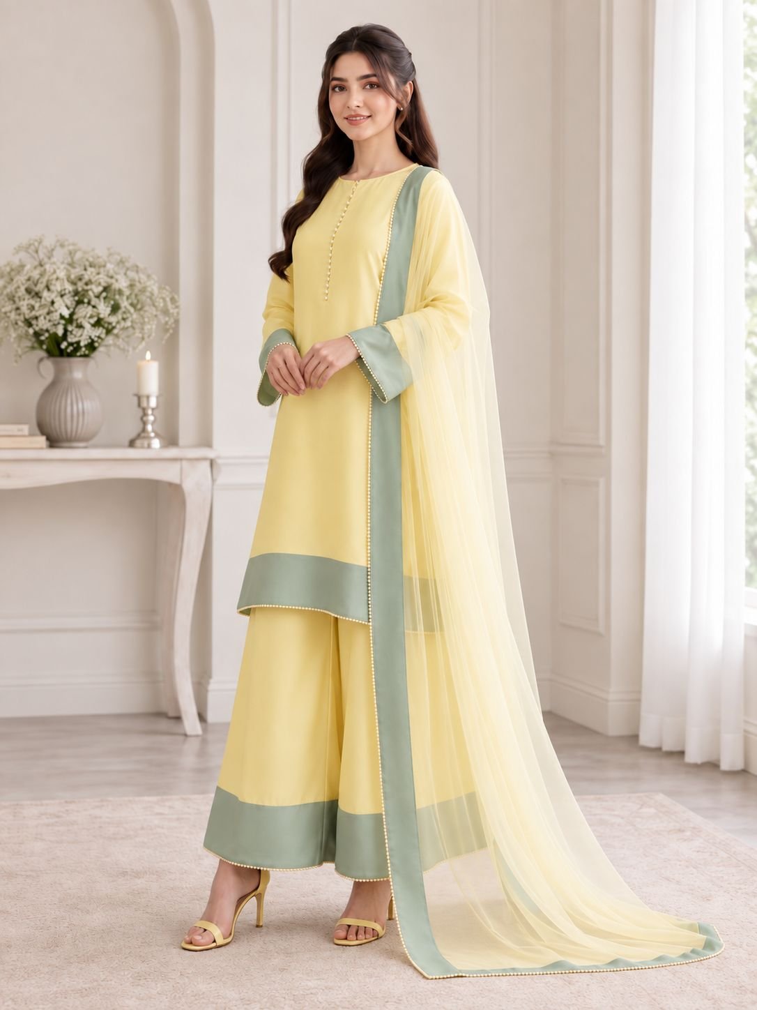 Premium Silk Contrast Border 3-Piece Ensemble