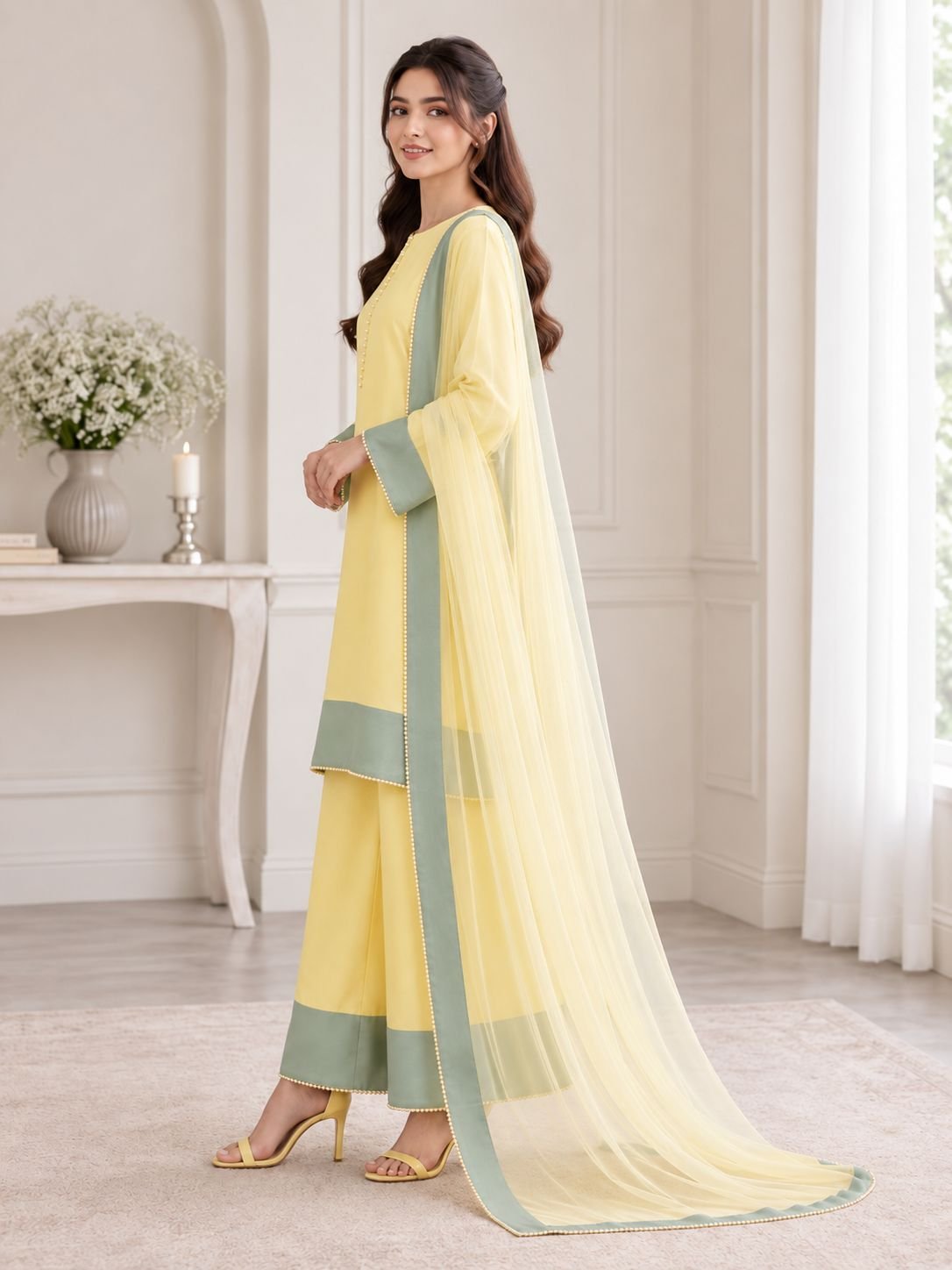 Premium Silk Contrast Border 3-Piece Ensemble