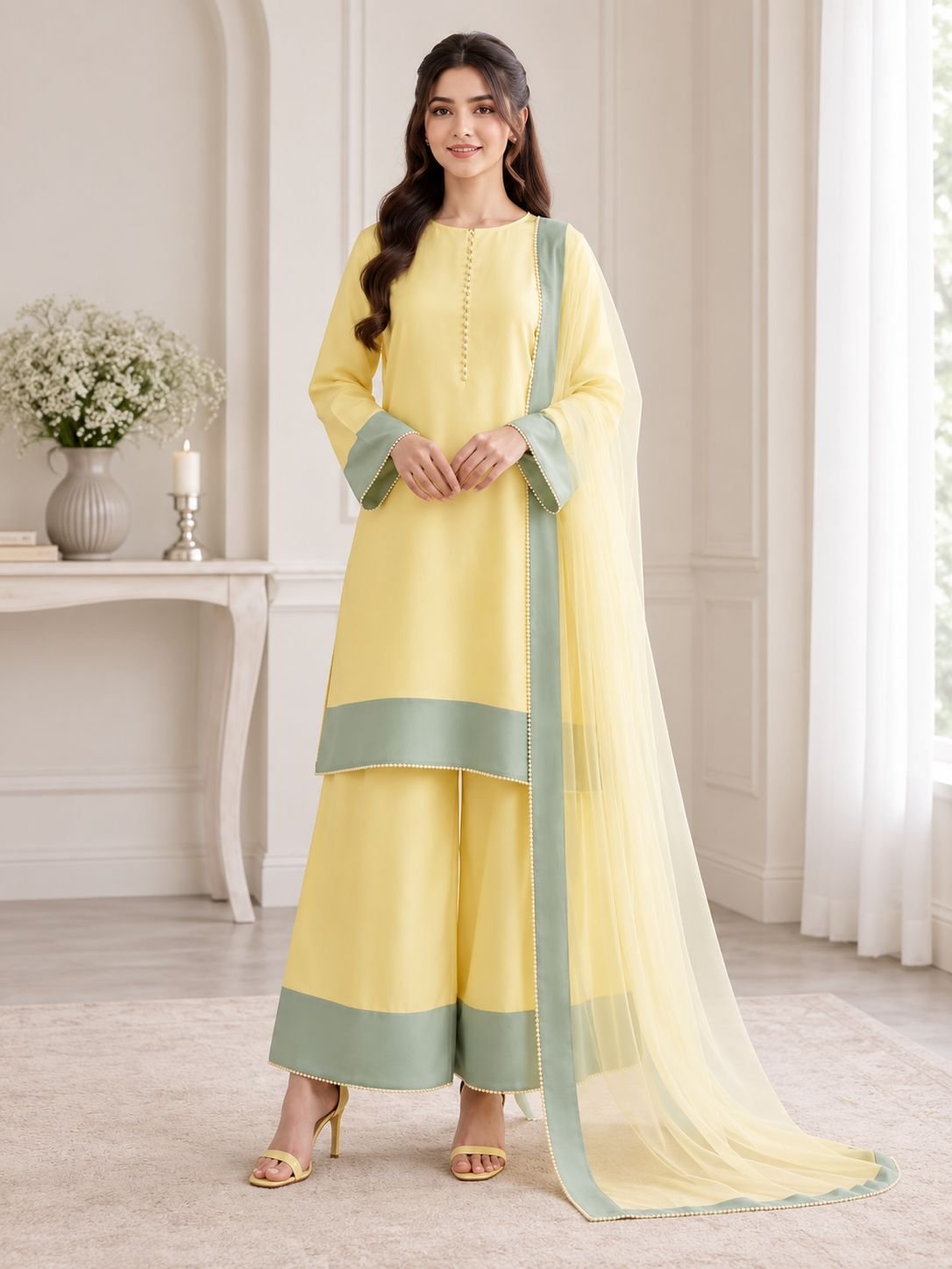 Premium Silk Contrast Border 3-Piece Ensemble