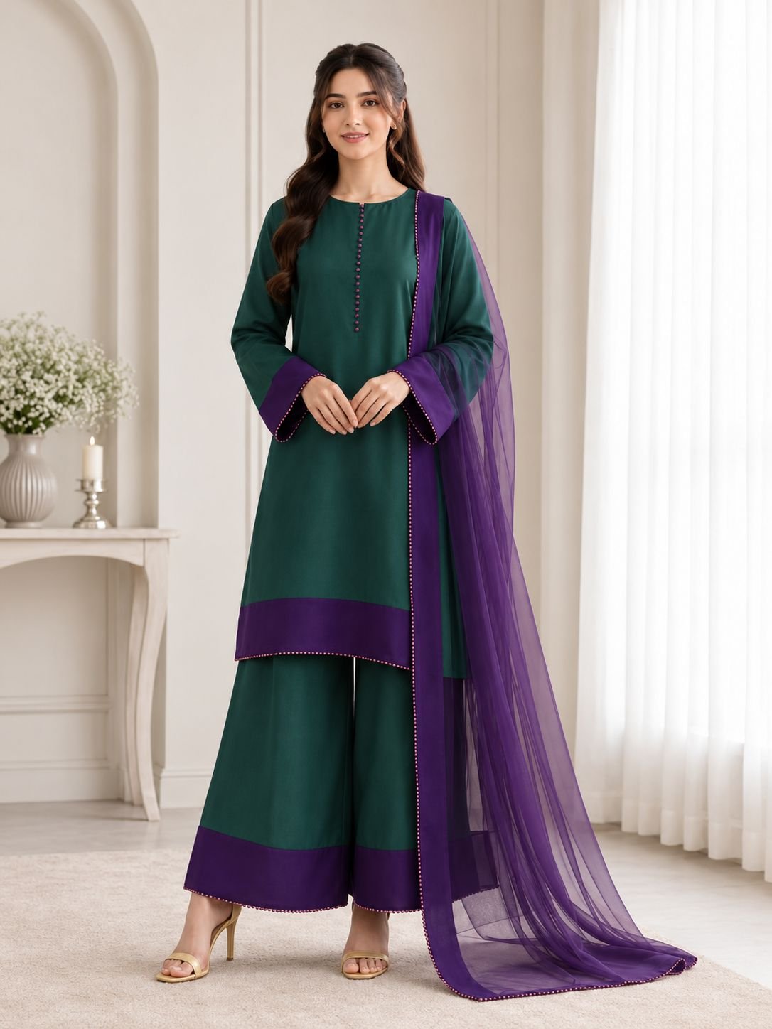 Premium Silk Contrast Border 3-Piece Ensemble