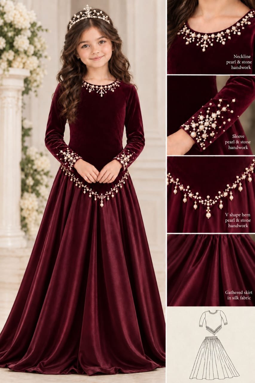 Girls’ Pearl and Stone Velvet Top and Silk Skirt Set