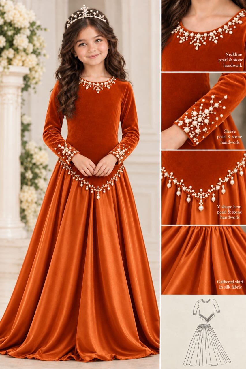 Girls’ Pearl and Stone Velvet Top and Silk Skirt Set