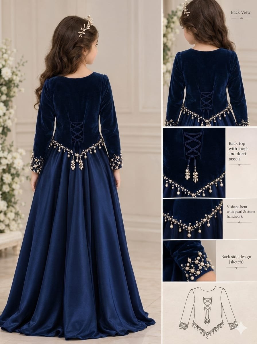 Girls’ Pearl and Stone Velvet Top and Silk Skirt Set