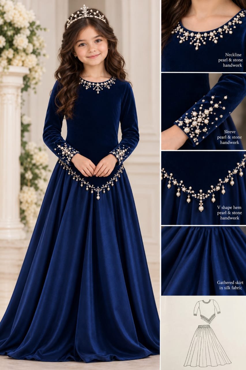 Girls’ Pearl and Stone Velvet Top and Silk Skirt Set