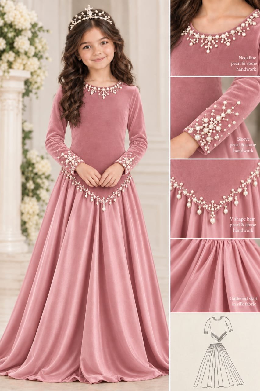 Girls’ Pearl and Stone Velvet Top and Silk Skirt Set