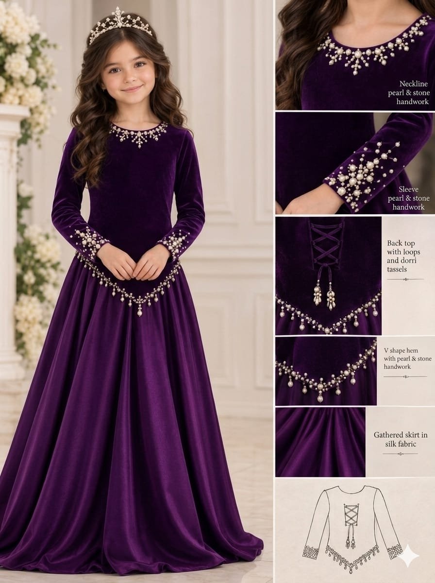 Girls’ Pearl and Stone Velvet Top and Silk Skirt Set