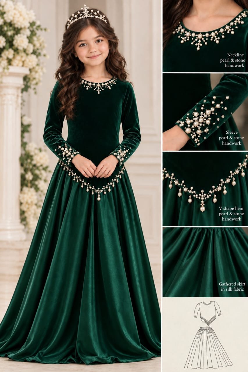 Girls’ Pearl and Stone Velvet Top and Silk Skirt Set
