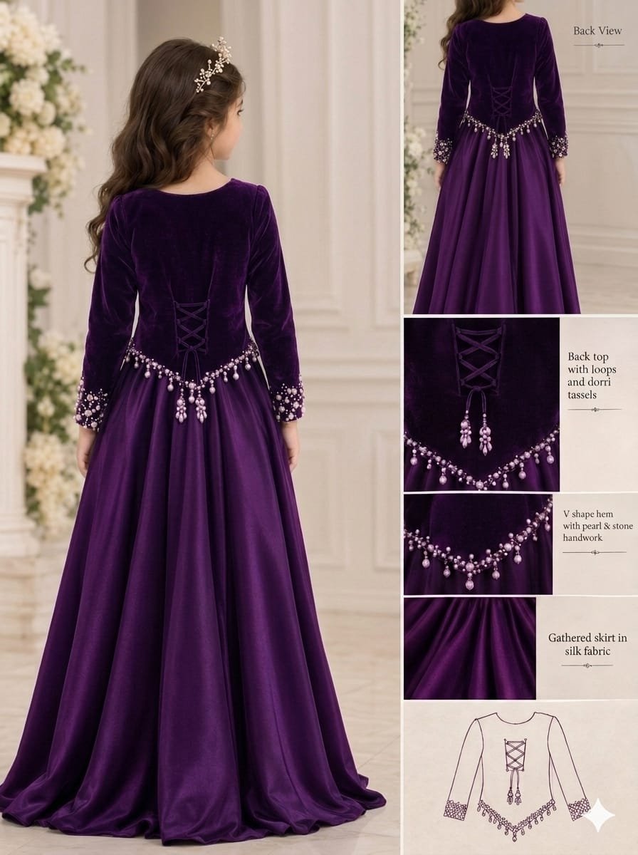 Girls’ Pearl and Stone Velvet Top and Silk Skirt Set