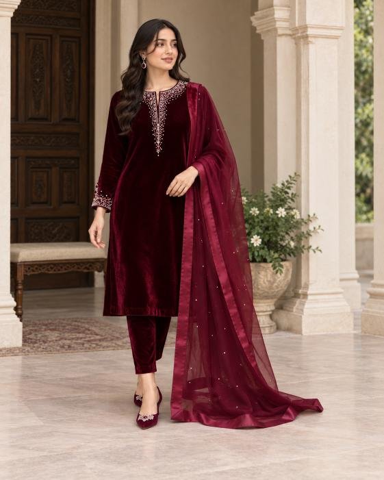 Stone-Embellished Velvet Three-Piece Suit