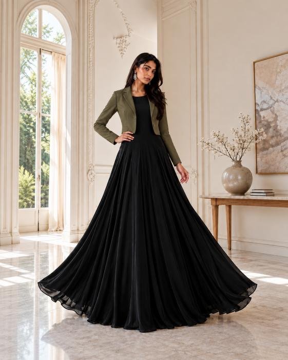 Full-Length Silk Maxi with Cropped Korean Raw Silk Blazer