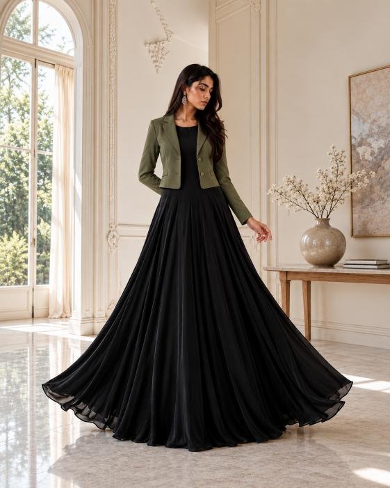 Full-Length Silk Maxi with Cropped Korean Raw Silk Blazer