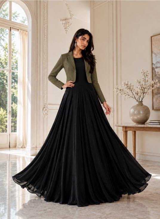 Full-Length Silk Maxi with Cropped Korean Raw Silk Blazer