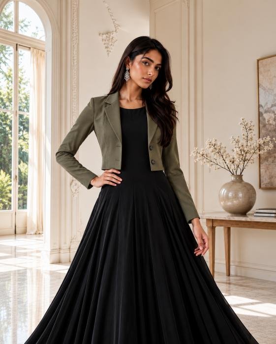 Full-Length Silk Maxi with Cropped Korean Raw Silk Blazer