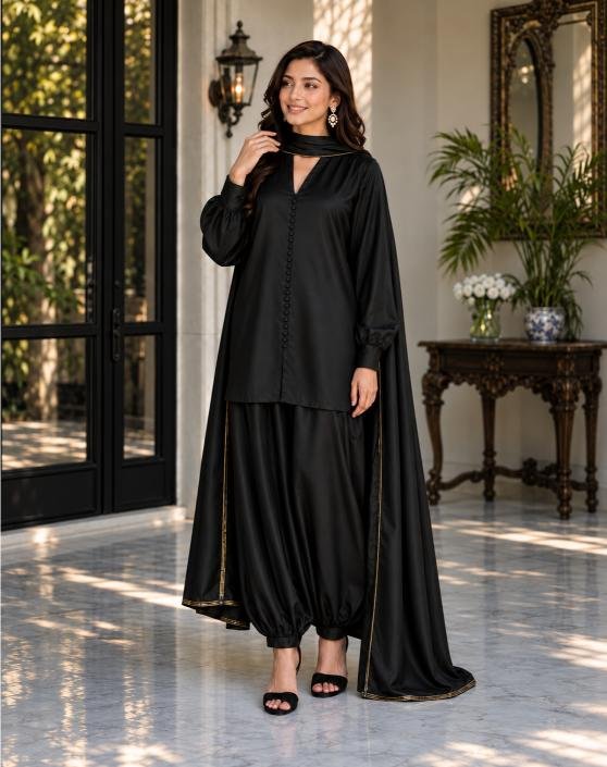 Plain Tussle Silk Three-Piece Balloon Shalwar Suit