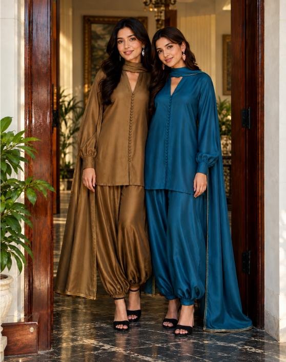 Plain Tussle Silk Three-Piece Balloon Shalwar Suit