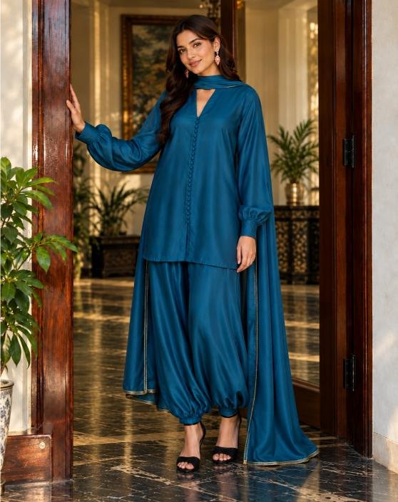 Plain Tussle Silk Three-Piece Balloon Shalwar Suit