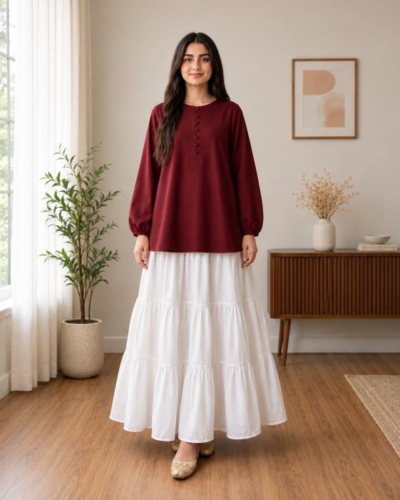 Girls’ Viscose Silk Oversized Top and White Skirt Set