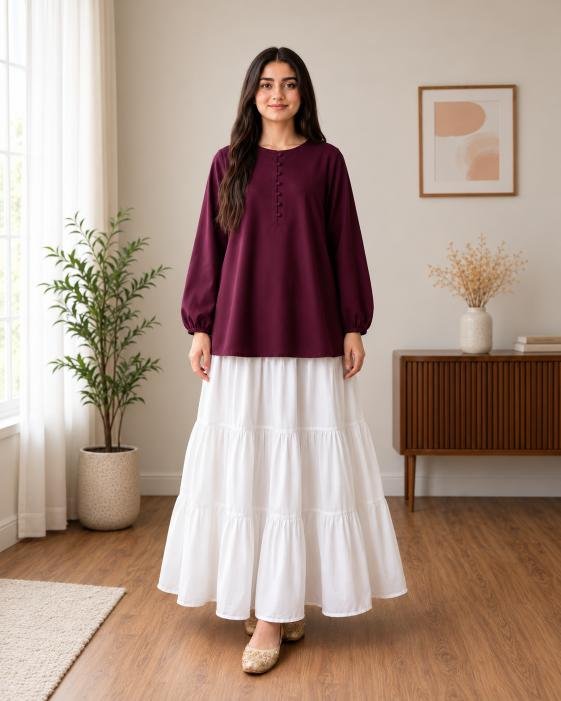 Girls’ Viscose Silk Oversized Top and White Skirt Set