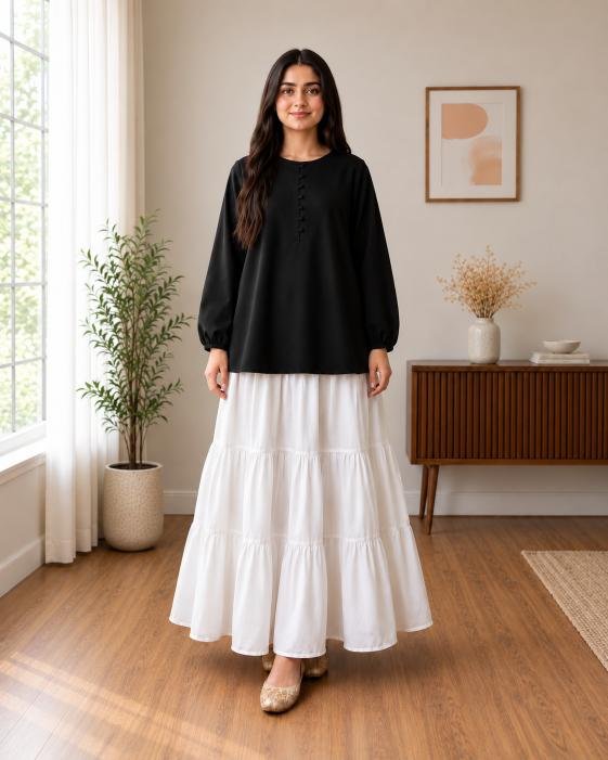 Girls’ Viscose Silk Oversized Top and White Skirt Set